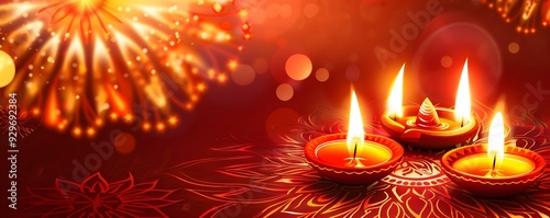 Festive Diyas with Firework Background for Diwali