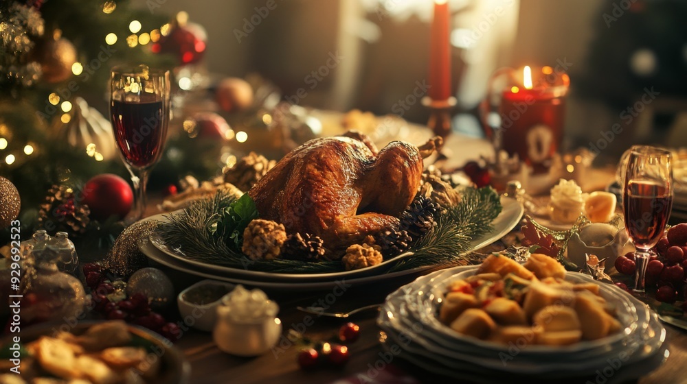 Roasted turkey, red wine and Christmas ornaments on wooden table. Roasted turkey, red wine and Christmas ornaments on wooden table.