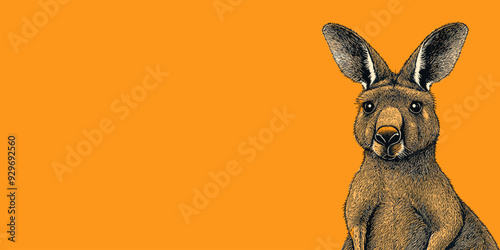 Realistic Kangaroo Illustration with Detailed Features on Vibrant Orange Background for Australian Wildlife Theme