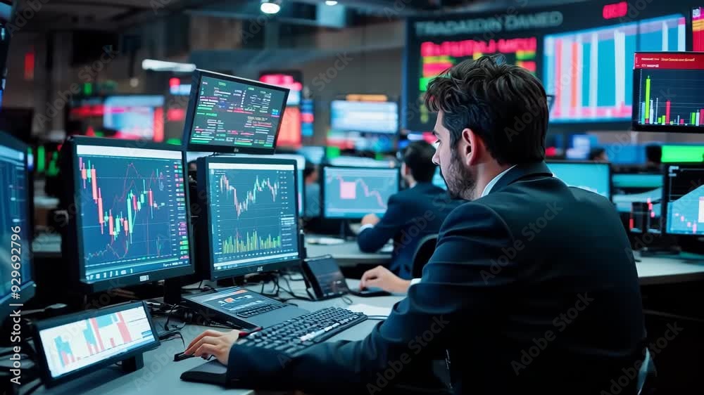 Trader studies financial charts in dim trading room. Multiple screens glow, displaying complex market data. Intense focus on analysis amid technology-driven environment. Trader studies financial charts in dim trading room. Multiple screens glow, displaying complex market data. Intense focus on analysis amid technology-driven environment.