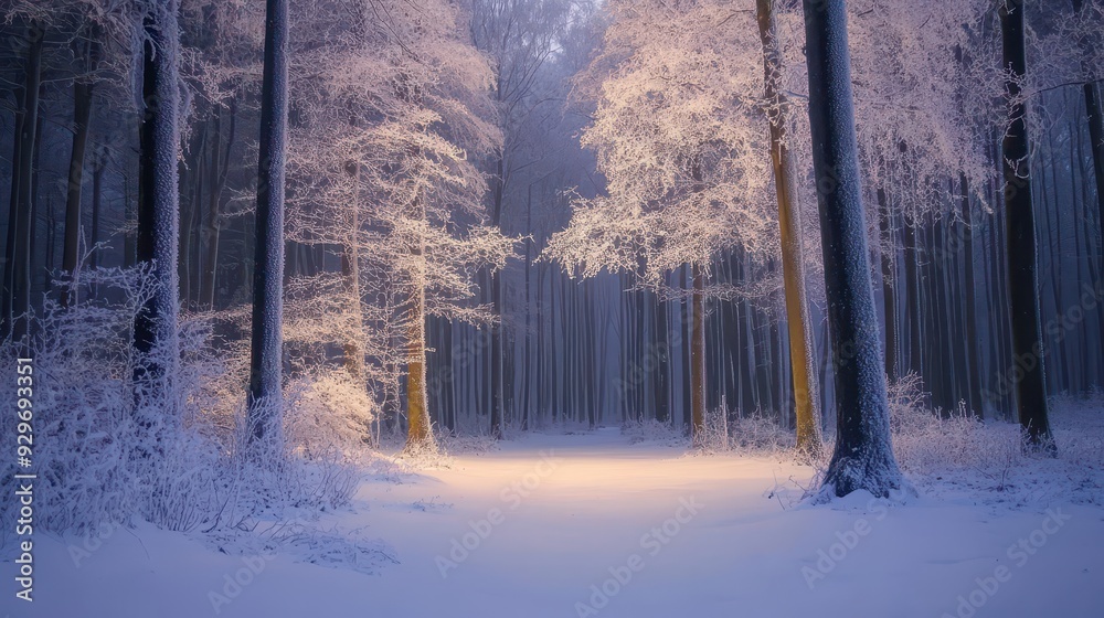 Naklejka premium A serene winter forest scene illuminated by soft light, surrounded by snow-covered trees.