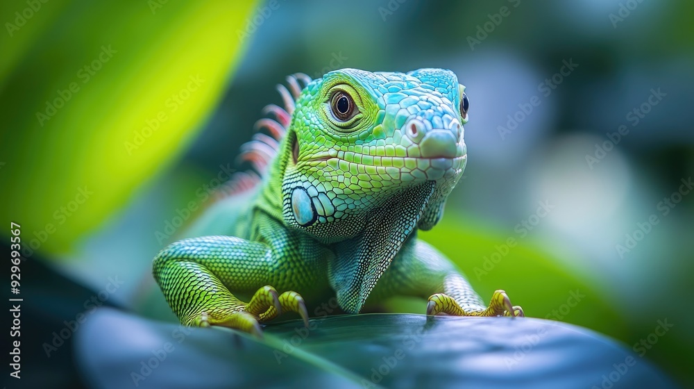 Fototapeta premium Green iguana posing on a branch in a tropical forest
