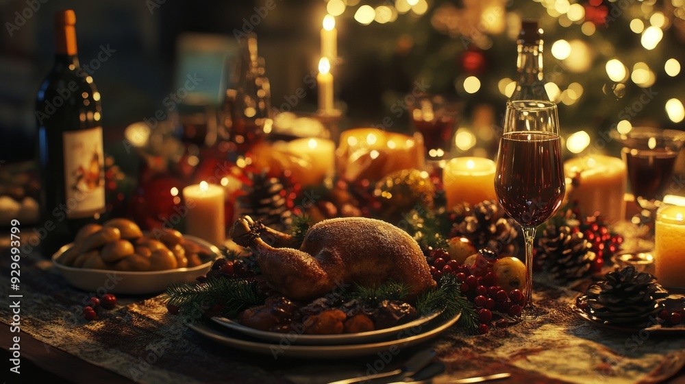 Roasted chicken with red wine and candles on a festive table. Roasted chicken with red wine and candles on a festive table.