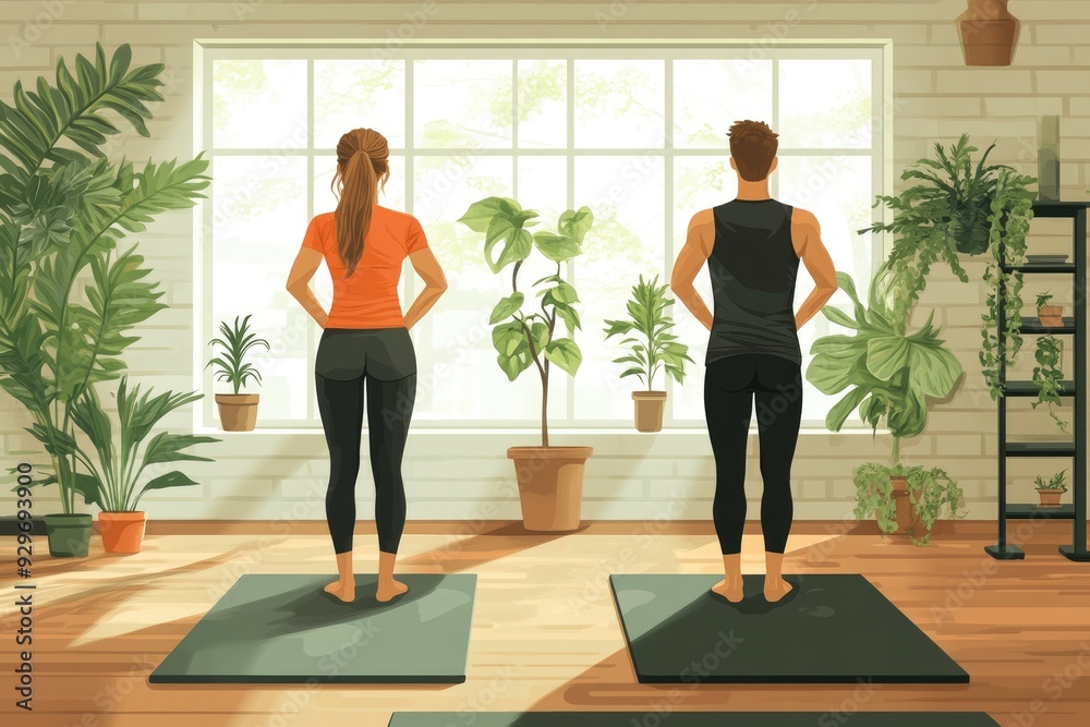 Fit mature couple doing yoga together at home in warrior two pose Fit mature couple doing yoga together at home in warrior two pose