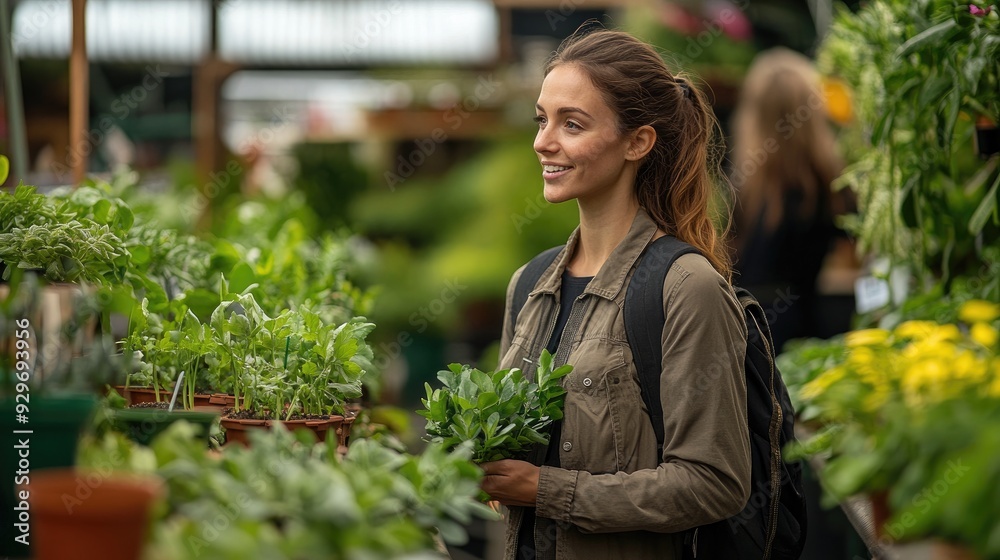 Gardener smiling and showing aromatic plant to a customer in a greenhouse Gardener smiling and showing aromatic plant to a customer in a greenhouse