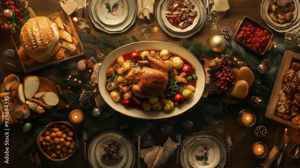 Fototapeta premium A beautifully decorated Christmas table setting with a roasted chicken, bread, fruit, and candles.