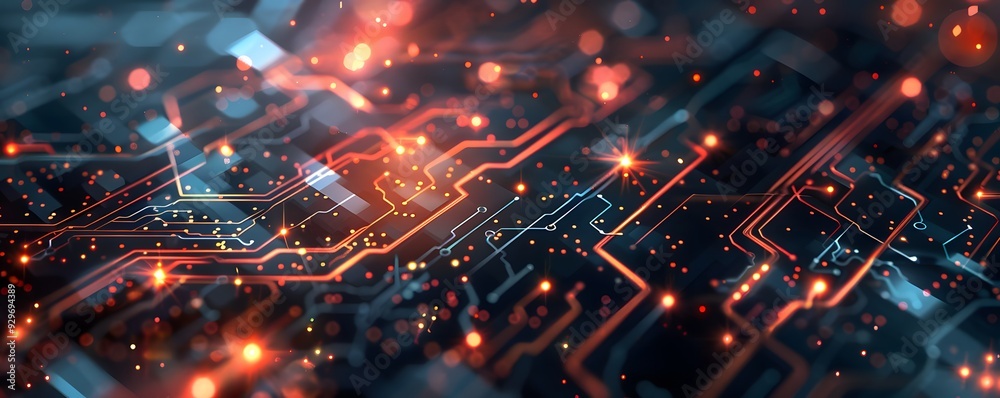 Illuminated Circuit Board with Glowing Lines and Bokeh Lights Illuminated Circuit Board with Glowing Lines and Bokeh Lights