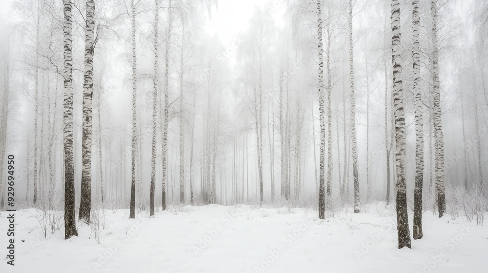 A serene winter forest shrouded in fog, with snow-covered ground and tall, bare trees. A serene winter forest shrouded in fog, with snow-covered ground and tall, bare trees.
