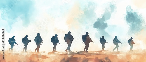 Silhouette of soldiers advancing through smoke and haze, embodying courage and determination in a dramatic, artistic style.