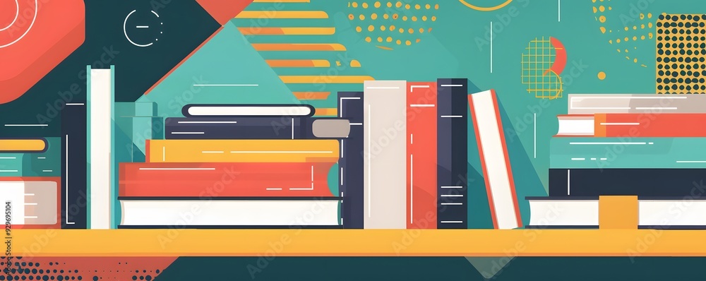 Stacked Books on a Shelf with Geometric Shapes and Patterns Stacked Books on a Shelf with Geometric Shapes and Patterns
