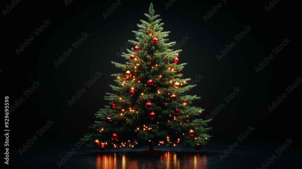 Christmas tree with red ornaments and lights against black background. Christmas tree with red ornaments and lights against black background.