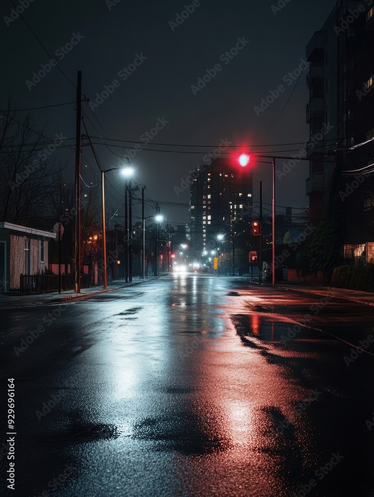 Fototapeta premium An empty street at dawn, where fatigue lingers in the shadows, sleepiness is reflected in the distant streetlights, and chronic exhaustion is palpable in the stillness.
