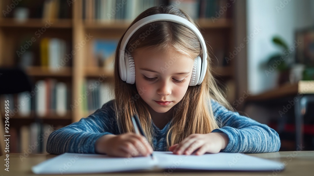 young girl doing homework with headphone. listing to music young girl doing homework with headphone. listing to music