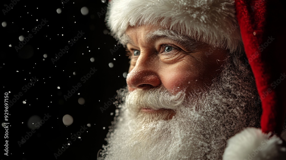 Close-up portrait of Santa Claus with snow falling on his face, looking away. Close-up portrait of Santa Claus with snow falling on his face, looking away.