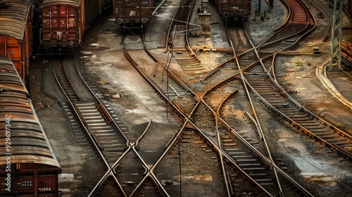 Miniature model trains on complex railway tracks at a model railway exhibit. Detailed model of train station and railways. Generative by AI