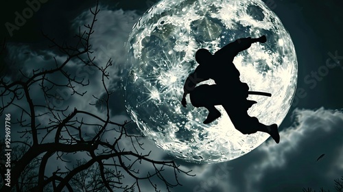 Ninja leaping across rooftops with a full moon in the background. A silhouette against a night sky. Generative by AI photo