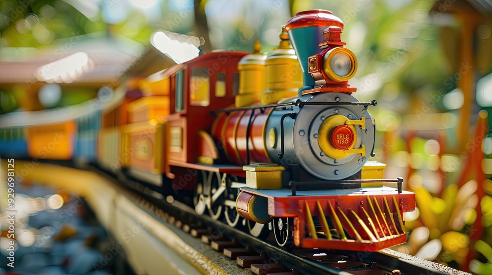 Mini Train Rides Side View Miniature train ride in amusement park with children on board. Colorful ...