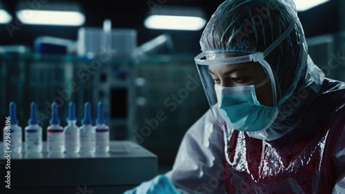 Monkey Pox Vaccine researcher. Female researcher carrying out scientific research in a lab.