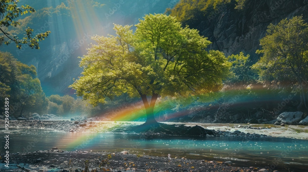 Big tree in the middle of a beautiful river There was a strange and beautiful rainbow Big tree in the middle of a beautiful river There was a strange and beautiful rainbow