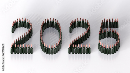 New year 2025 celebrations with military 5.45 cartridge 39mm, AK-74 rifle Kalashnikov cartridge on white background, Military Strategy and State Defense, military-themed designs, 3d rendering photo