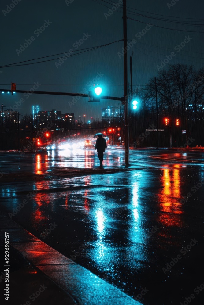 Fototapeta premium A lone figure on a rainy night, where fatigue is captured in the raindrops, sleepiness in the distant city lights, and chronic exhaustion reflected in the wet pavement.