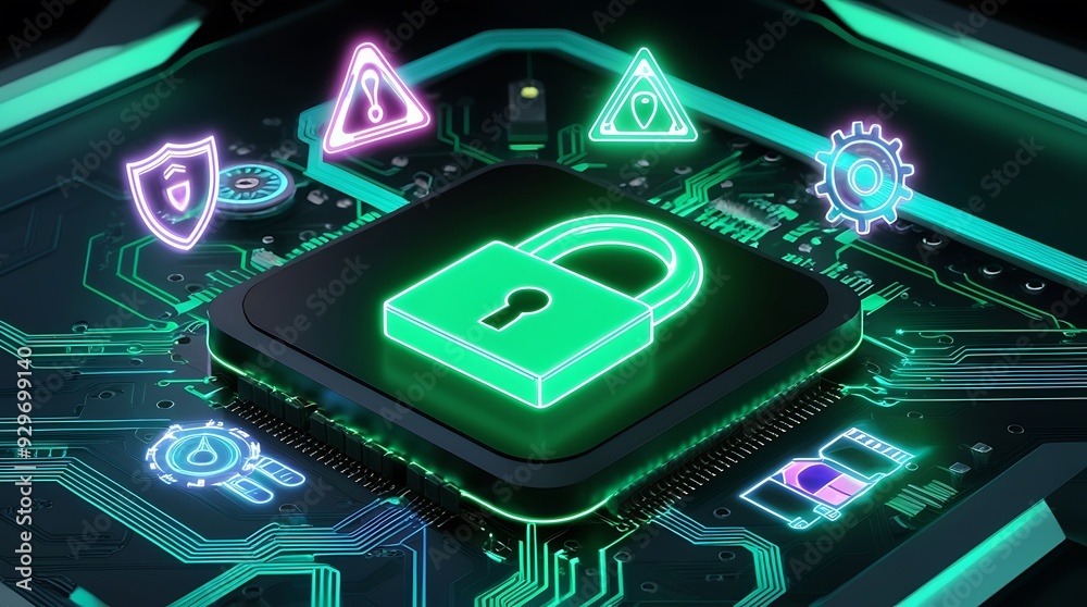 Fototapeta premium Green lock on a monitor with digital objects floating, concept of data transfer and cyber safety