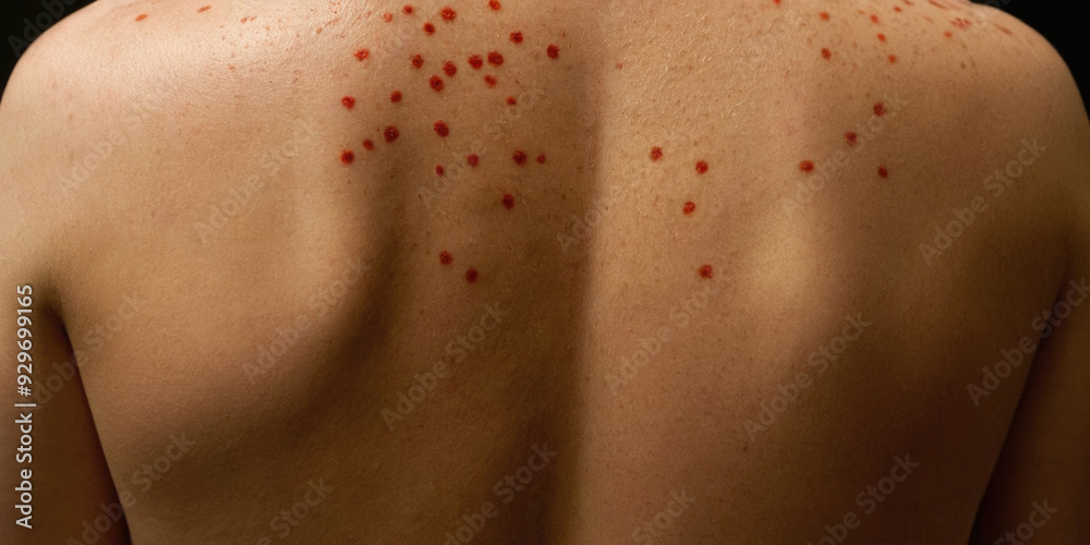 Close up of red spots on the back of a young woman.