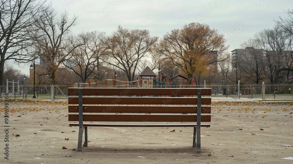 Empty park bench with a playground in the background on a sunny day. The park is quiet and surrounded by green trees and grass, creating a peaceful atmosphere. Generative by AI Empty park bench with a playground in the background on a sunny day. The park is quiet and surrounded by green trees and grass, creating a peaceful atmosphere. Generative by AI