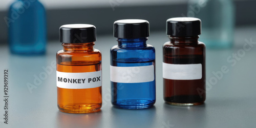 Mpox or monkey pox vaccine. Close up shot. Colorful Glass bottle. Medical background. photo