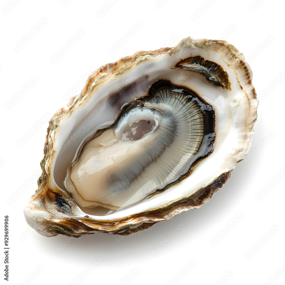 Top view Freshly opened oyster isolated on white background. Sea shell Top view Freshly opened oyster isolated on white background. Sea shell