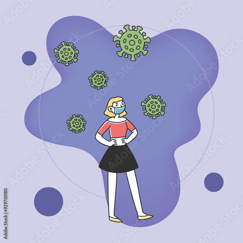 Girl protecting herself from virus. Young female cartoon character wearing protective mask, surrounded by coronavirus. Vector illustration for  quarantine, human protection concept