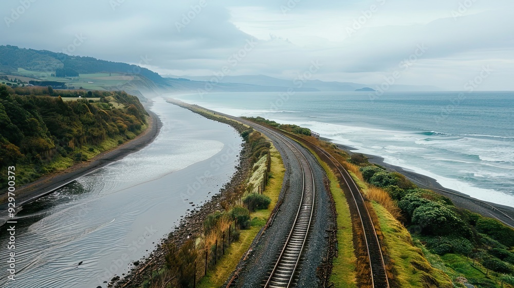 Railway tracks running along the coastline with mountains in the background. Train tracks running parallel to a coastline with ocean view. Generative by AI Railway tracks running along the coastline with mountains in the background. Train tracks running parallel to a coastline with ocean view. Generative by AI