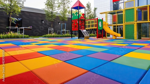 Colorful playground in front of a modern building with a checkered rubber floor. Bright and vibrant outdoor play area with various playground equipment and colorful walls. Generative by AI