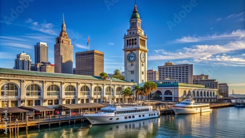 Historic clock tower of the Ferry Building Marketplace stands tall alongside the bustling San Francisco Bay waterfront with ferries docked in the background.