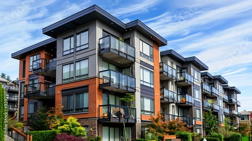 Exterior view of a modern apartment building with multiple floors, balconies, and landscaping.