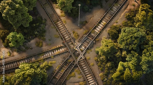 Aerial view of railway tracks intersecting in a forested area. Train track junction with multiple branching path. Generative by AI