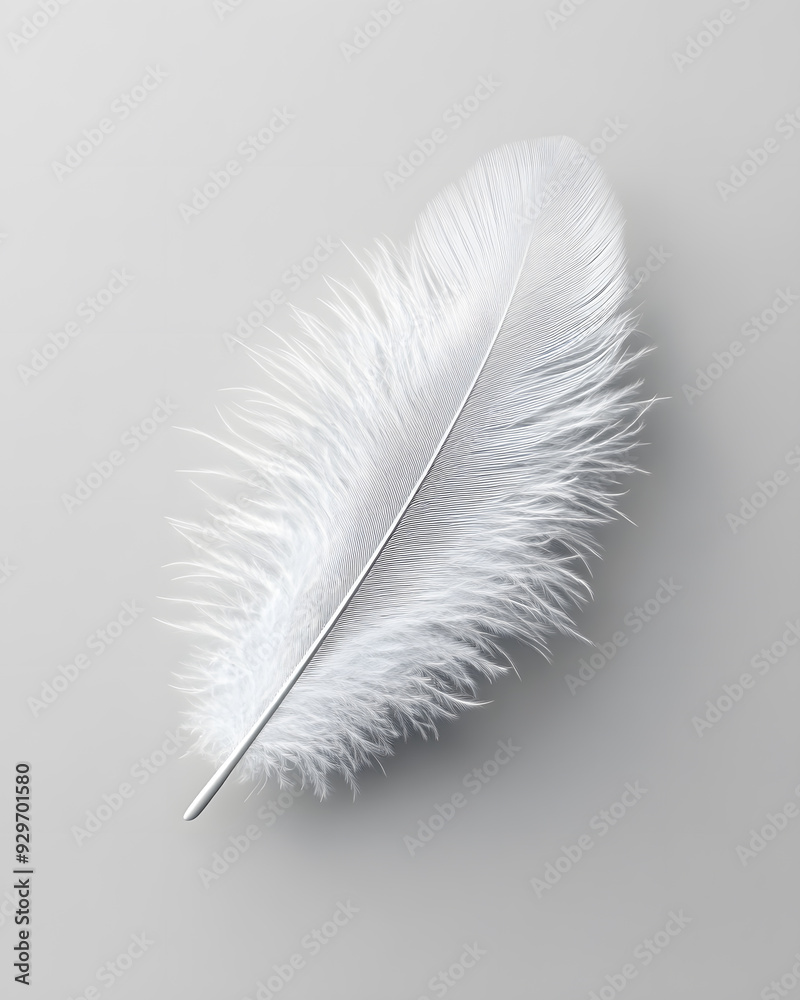 White fluffy feather isolated on light grey background White fluffy feather isolated on light grey background