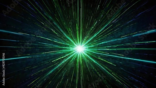 Bright explosion of green light with black background, shiny light burst on solid black surface, abstract background