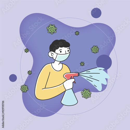 Man in medical protective masks cleaning room with sanitizers. Coronavirus spread prevention. Vector illustration for sanitizing, virus, protection, hygiene concept