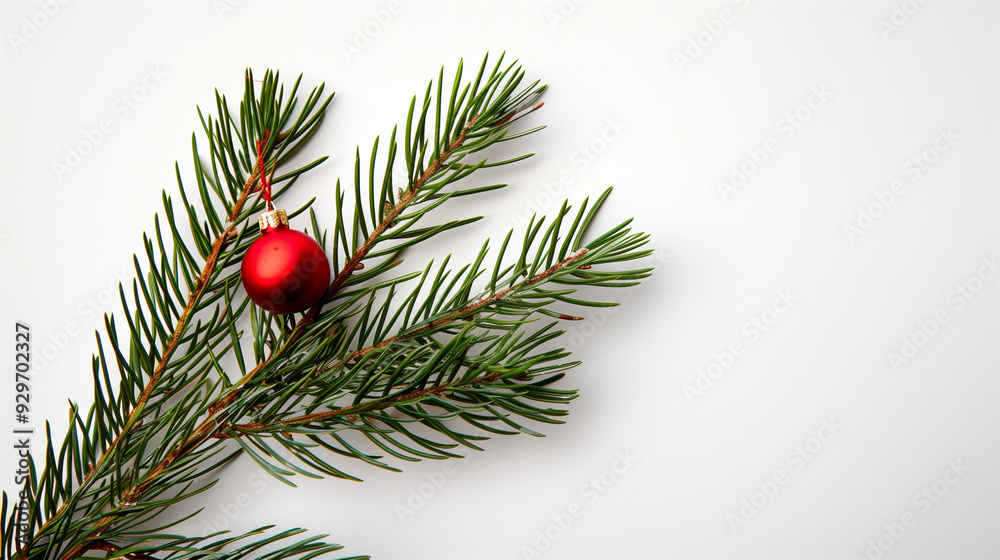 Christmas minimalist background, Green pine branch with a few ornaments