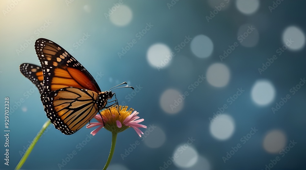 A vibrant monarch butterfly in midflight against a star. generative ai A vibrant monarch butterfly in midflight against a star. generative ai