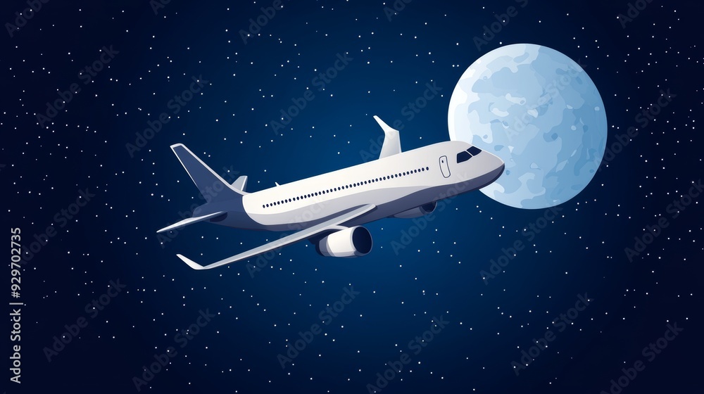 Naklejka premium A plane flying in the moonlight with stars twinkling