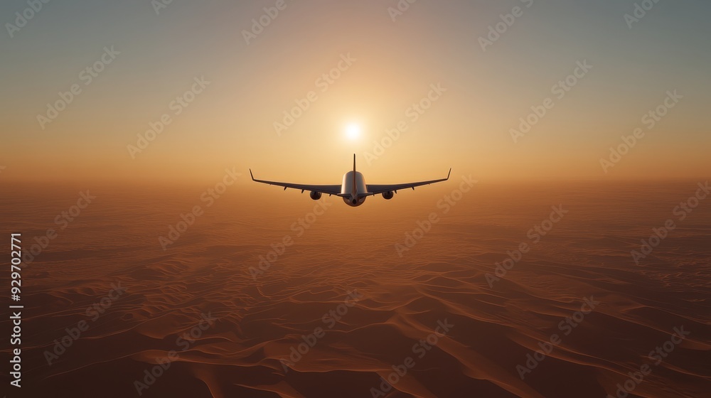 A plane flying over a desert with a bright sun in the sky A plane flying over a desert with a bright sun in the sky