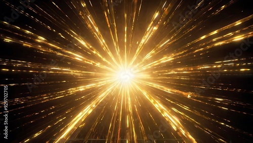 Bright explosion of golden and yellow light with black background, shiny light burst on solid black surface, abstract background	