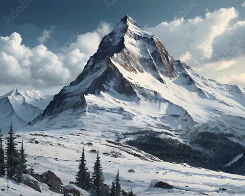 Mountain peak snowy landscape view, tall mountains majestic view nature, cold high aerial photo