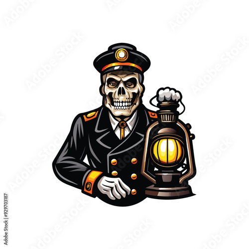 A spectral train conductor monster with a skeletal face and a lantern in his hand.