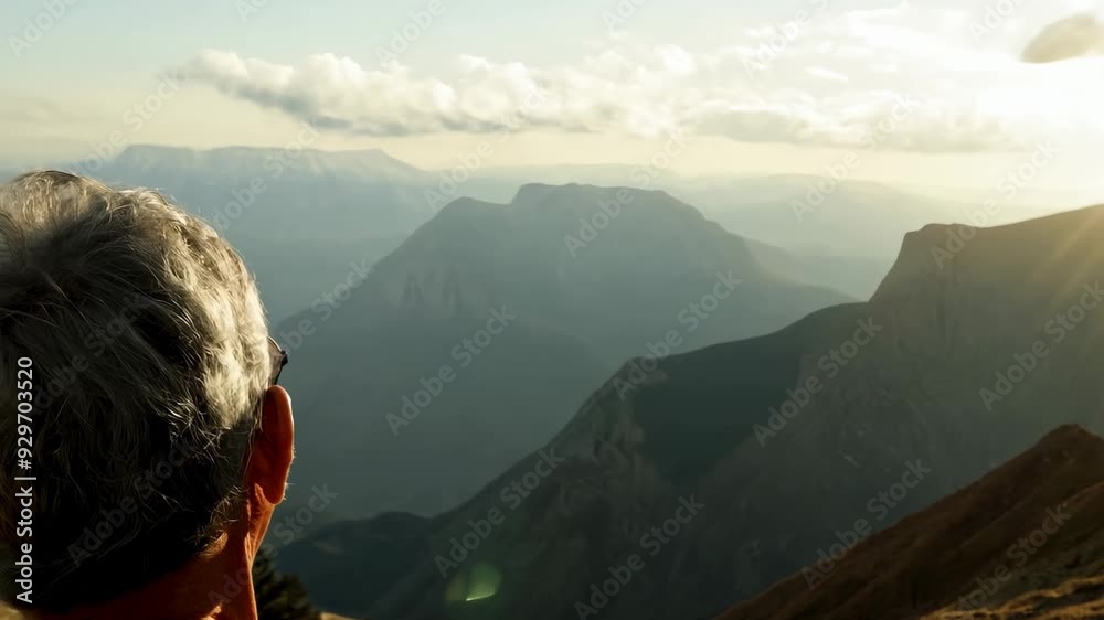 Senior man enjoys the view of the summer mountains while he standing on a mountain peak. Peace and slow life. Hiking and digital detox concept. Contemplation of nature alone with your thoughts.