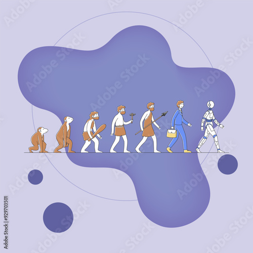 Way from monkey to cyborg or robot flat vector illustration. Humankind progress from caveman as ancestor. Human evolution theory Anthropology, reality and history concept
