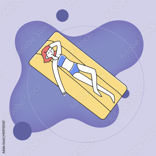 Young girl in swimming suit on inflatable lounge flat vector illustration. Top view of happy cartoon character in swimwear having rest. Summer, vacation concept.