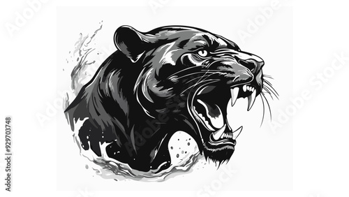 Black Panther Head Logo Sketch Style - Animal Face Jaguar Tattoo Portrait Cat Print Wild Mammal Fur
